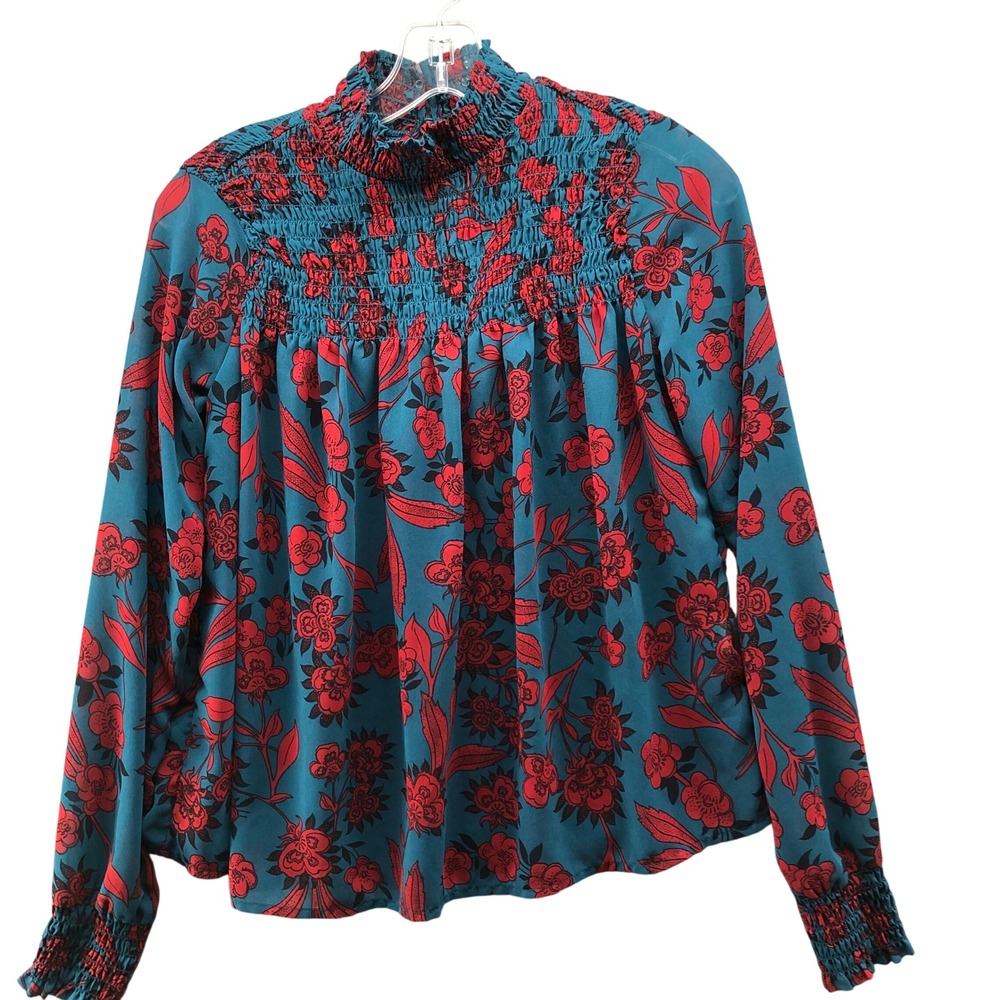 Abercrombie & Fitch Smocked Mock Neck Blouse Womens XS Teal Floral Long Sleeve